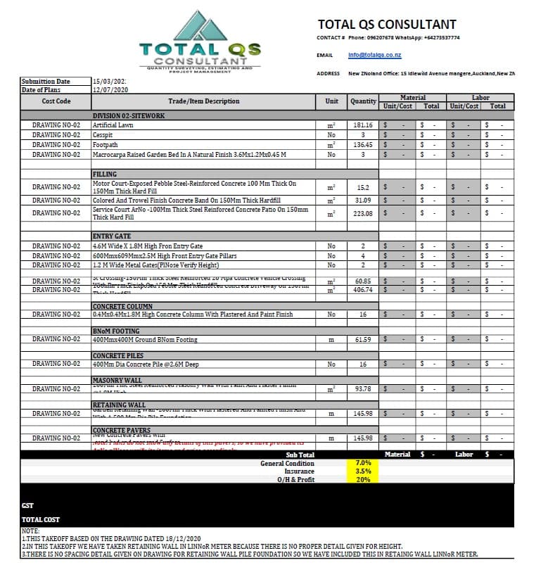 Materials Or Labour Schedules